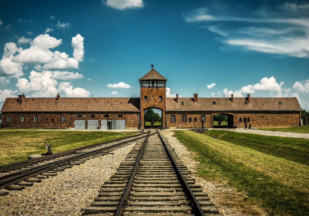Auschwitz-Birkenau German concentration camp, the main gate at Birkenau