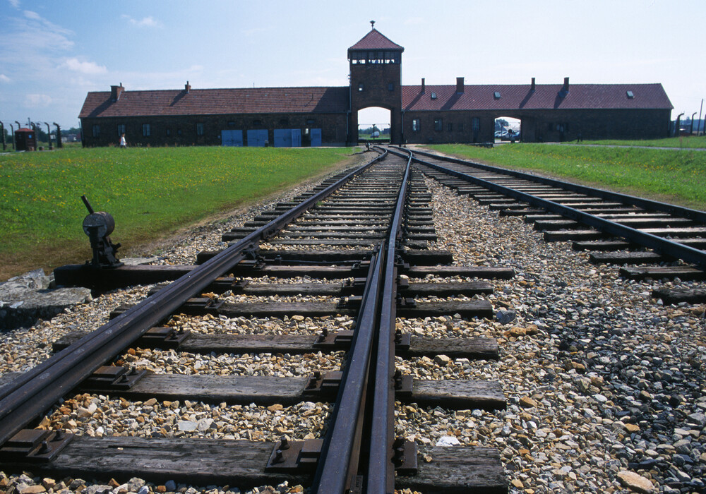 Auschwitz-Birkenau German concentration camp, the main gate at Birkenau